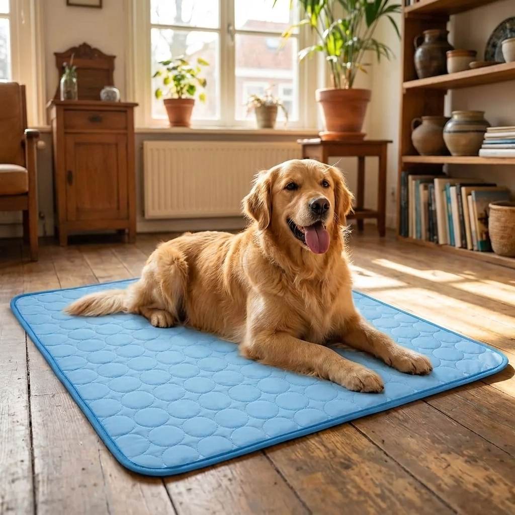 COOLIE - hond koelt af op de mat in de woonkamer