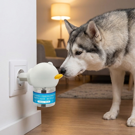 NESTLY - hond ruikt aan de diffuser in het stopcontact